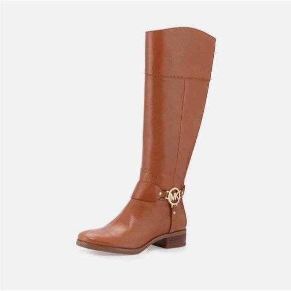 MICHAEL KORS FULTON HARNESS Camel Brown  GOLD MK LOGO LUGGAGE RIDING BOOTS 7.5 - Picture 1 of 9